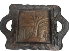 Antique Vintage Hand Carved Folk Art Wood & Glass Serving Tray With Handles  picture