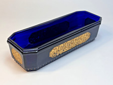 Art Deco French Marganne et Degreze Cobalt Blue Pressed Glass Toothbrush Holder picture