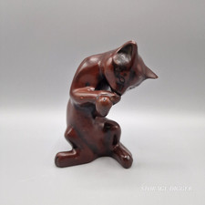 Vintage Sitting Scratching Brown Cat Figurine Smooth Faux Ironwood Heavy Resin picture