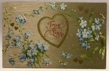 1909 True Love, Forget Me Not Flowers, Gold Hearts, Embossed Vintage Postcard picture