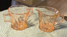 Vtg Heisey Coarse Rib Flamingo Pink Hotel Creamer & Sugar Bowl Set picture