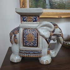 Vtg Ceramic Asian Elephant Plant Stand Stool Hand Painted Hollywood Regency 9 picture