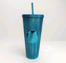 Starbucks 2023 Metallic Chrome Teal Blue Bling Studded 24 oz Cup Tumbler New picture