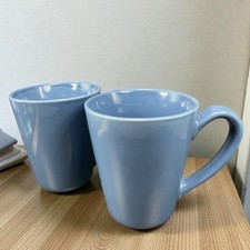 Baum Brothers Medallion Blue Coffee Mugs Cups Set 2 Stoneware Ceramic Mugs READ picture