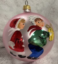 VINTAGE JUMBO BLOWN GLASS MERRY CHRISTMAS ORNAMENT POLAND  children w/ gift picture