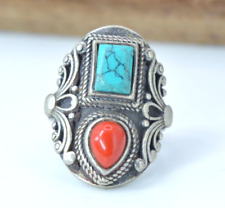 Ancient Solid Silver Antique Viking Ring With Turquoise And Red Stone Artifact picture