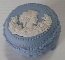Vintage Lidded Trinket Box Hand Painted Blue & White Floral Ceramic Jewelry Box picture