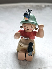 Vintage Erzgebirge Wendt & Kuhn Wooden Girl Eating Bird Figurine Germany picture