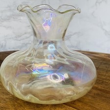 Vtg Clear Iridescent Glass Vase Ruffled Rim Flower Pretty Rainbow 4.75