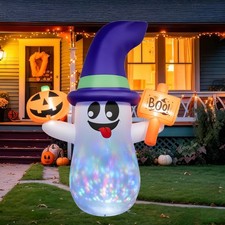 5FT Cute Halloween Inflatables Ghost, Blow Up Wizard Ghost w/ Pumpkin for Garden picture