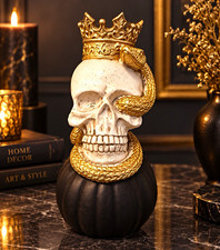 Decorative Skull Figurine with Gold Crown and Snake, Gold/White/Black picture