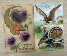 Lot of 2 Antique~Thanksgiving Postcards~with Turkey Airbrushed Embossed Eagle picture