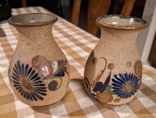 Tonala Mexican Folk Art Sandstone Pottery Vases Pair (2)  Hand painted picture
