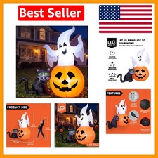5FT Self-Inflating Ghost on Pumpkin with Black Cat for Spooky Halloween Decor picture