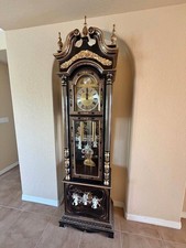 Rare Tempus Fugit Chinoiserie Black Gold Grandfather Clock with Pearl Geisha picture
