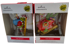 Hallmark Dr. Seuss The Grinch on Sleigh & Grinch on Ladder Set 2 Ornaments NEW picture