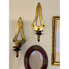 Vintage Solid Brass Wall Sconce Candle Holders Set 2 Gold Teardrop MCM Cottage picture