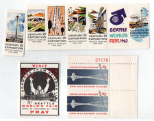 SEATTLE WORLD'S FAIR ** SET 7 POSTER STAMPS + SERMONS & 4¢ ** SEATTLE, WA. 1962 picture