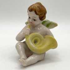 Vintage PAULUX Japan Angel Cherub Figurine Playing French Horn Porcelain Mini picture