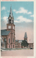 Centenary M E Church & County Buildings Main St Malone NY Vintage postcard picture
