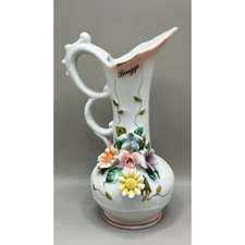 Vtg Porcelain Bisque Brugge Belgium Pitcher Applied 3D Floral White Pink 5.5