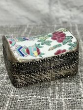 Vintage Chinese Hand Painted Porcelain Chard and Silver Jewelry Trinket Box picture