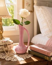 Vintage Pink Ewer Style Bud Vase | Ceramic Pitcher | White Roses | Cottagecore picture
