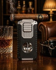 5 in 1 Cigar Lighter Black/Silver Triple Torch w V Cutter Punch & Draw Tool picture