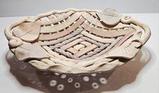 Handmade Woven Clay Pottery Basket Bowl Leaf Design Scalloped 13