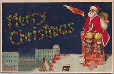 Silk Santa Claus on Chimney over City with Holly~ Torch ~Christmas Postcard~h784 picture