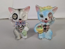 Vintage Kitsch Lefton Cat Detective Gem Eye Anthropomorphic Salt Pepper Shakers picture