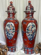 Pair Giant Chinese Porcelain Vases 6 FT Red Blue White Foo Dog Finials picture