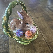 Limoges French Art Pottery Easter Bunny Rabbit in Egg Basket Trinket Box picture