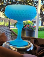 Indiana Glass Blue Satin Diamond Point Pedestal Bowl – Vintage picture