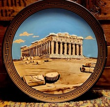 Vintage Clay Plate Handpainted Greece Parthenon 11 Inches Wall Art Athens picture