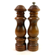 Vintage Japan Wood Salt Shaker Pepper Mill Grinder Set 7 in Turned Wooden MCM picture
