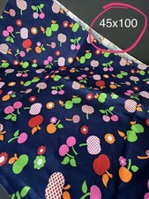 Adorable TRUE Vintage 70s Cotton Fabric Denim Apples Cherries Flowers Navy Blue picture