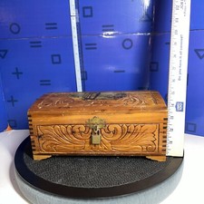 Vintge wood trunk, box jewelry, trinket mirrored lid, scene on top picture