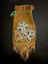 CREE-METIS BEADED BUCKSKIN BAG-POUCH Hand-Made Antique Native American Art picture