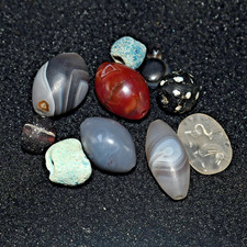10 Rare Mix Ancient Banded Agate Stone Carnelian & Faience Bead Lot picture
