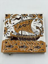 Vintage Neofitoy Keramik Decorative Tile Matchbox Hand Made Greece Viking Boat picture