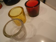 3 GLASS CANDLE HOLDERS-CLEAR-AMBER-RED-2 1/4