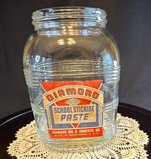 Hazel Atlas Diamond School Stickine Paste Clear Glass Jar w/ Original Label picture