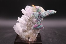Peter Muller Hand Carved Ruby Zoisite Hummingbird on Amethyst Flower Base picture