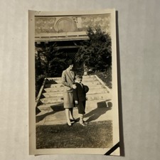Vintage B&W  Photograph of Pretty Stylish Woman and Cute Boy on Steps picture