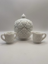 Westmoreland White Milk Glass Old Quilt Creamer Covered Sugar Bowl Set 3 Pc VTG picture