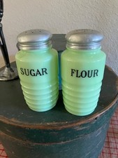 Pair of Vintage Jadite Green Ribbed Shakers, Flour & Sugar, Nearly Perfect Lids picture