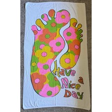 Vintage Have a Nice Day Sayco Terry Cloth Beach Towel Groovy Floral Feet 70s picture