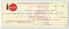 Vintage 1958 Monticello Coca-Cola Bottling Co. check picture