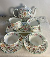 Vintage 9 Pc Minton Haddon Hall Teapot Cream & Sugar Tray 2 Teacups & Saucers picture